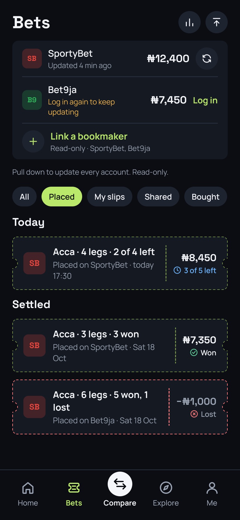 Bets: SportyBet and Bet9ja balances and placed bets