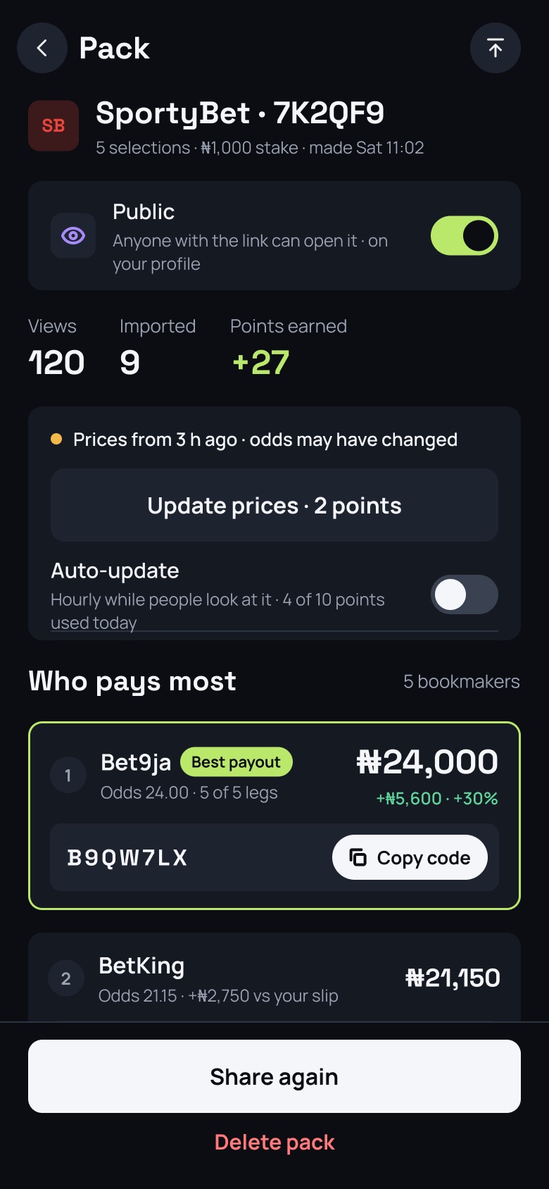 A shared slip with the code for every bookmaker
