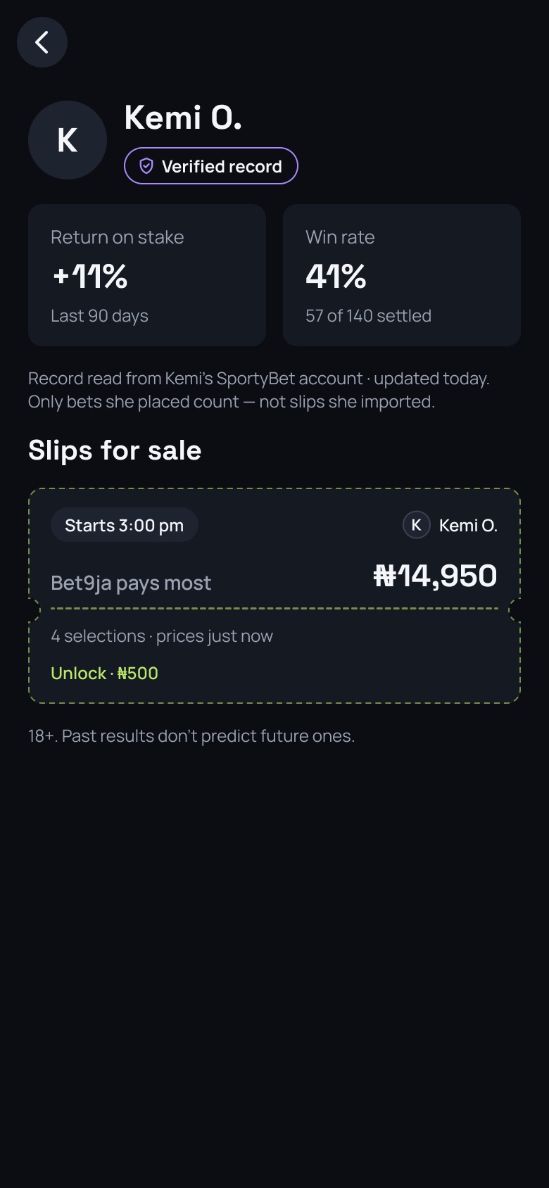 A tipster's profile with slips for sale